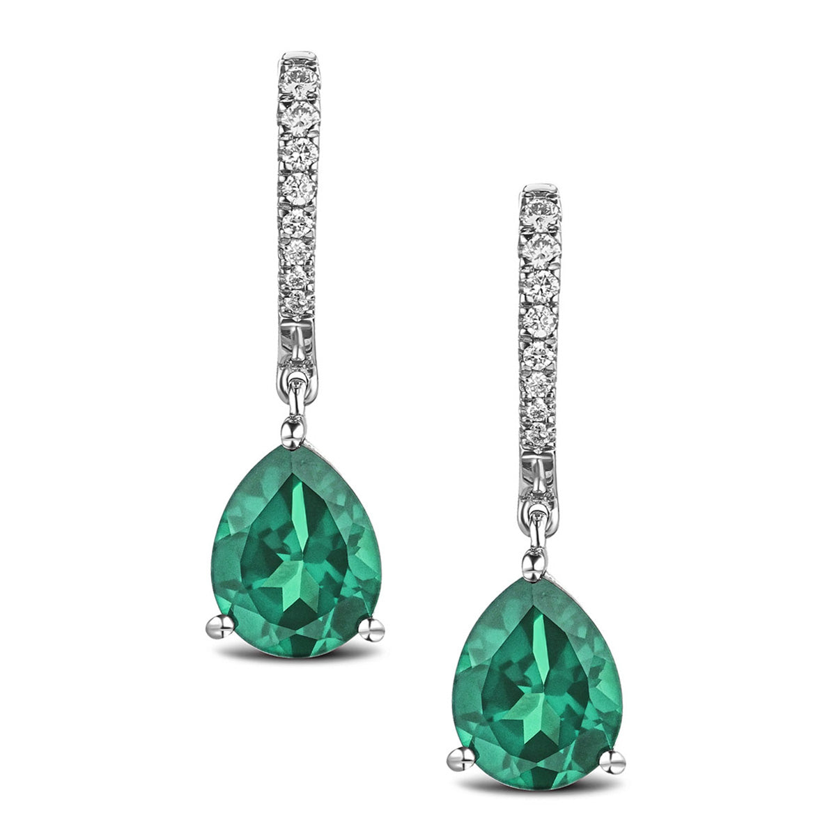 Astra 4.60ct Lab Emerald and Diamond Drop Pear Cut Earrings in Silver